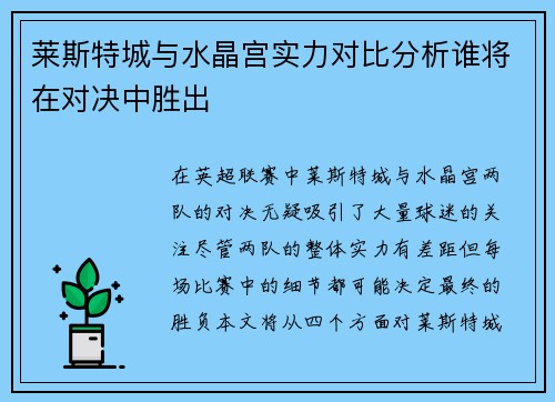 莱斯特城与水晶宫实力对比分析谁将在对决中胜出